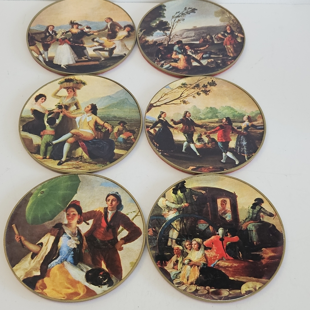 Coaster Set Of 6 Spanish Romantic Scenes Red Velvet Backings Victorian